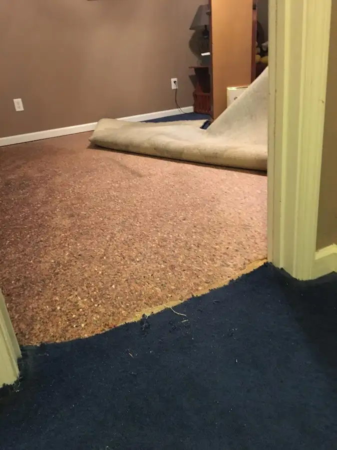 Carpet pad removal revealing water damage during Water Mitigation Services in Maumelle